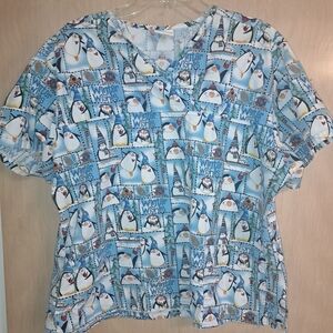 Women's holiday scrub top winter wishes penguins xl white blue